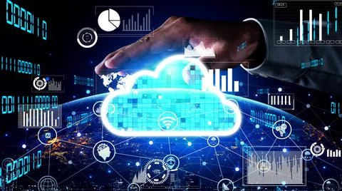 Conceptual cloud computing and data storage technology for future innovation Stockfoto's