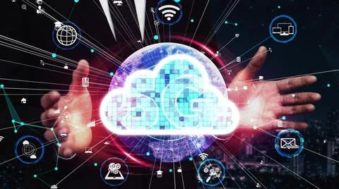 Conceptual cloud computing and data storage technology for future innovation Stock Photos