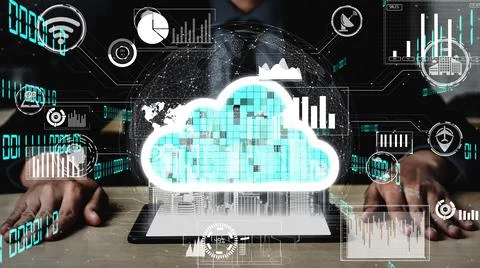 Conceptual cloud computing and data storage technology for future innovation Stockfoto's