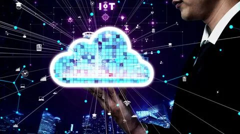 Conceptual cloud computing and data storage technology for future innovation Foto stock