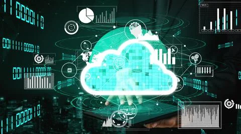 Conceptual cloud computing and data storage technology for future innovation Stock Photos
