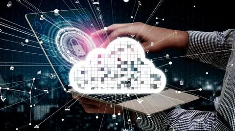 Conceptual cloud computing and data storage technology for future innovation Stock Photos