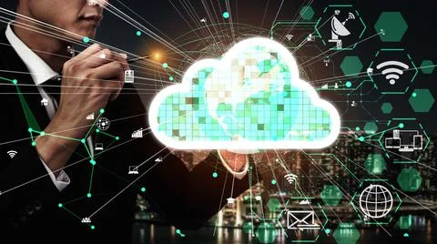 Conceptual cloud computing and data storage technology for future innovation Foto stock