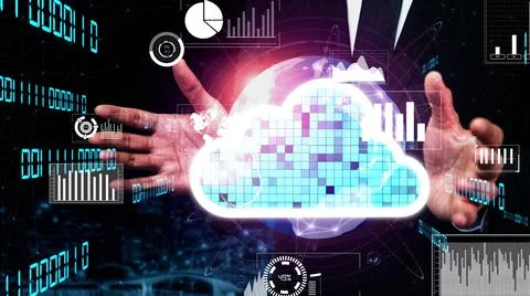 Conceptual cloud computing and data storage technology for future innovation Foto stock