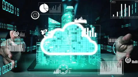 Conceptual cloud computing and data storage technology for future innovation Stock Photos