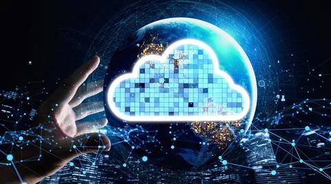 Conceptual cloud computing and data storage technology for future innovation Stockfoto's