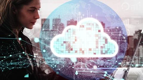 Conceptual cloud computing and data storage technology for future innovation Foto stock