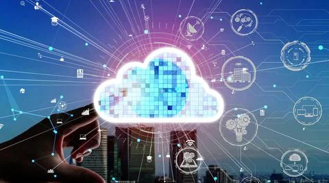 Conceptual cloud computing and data storage technology for future innovation Stockfoto's