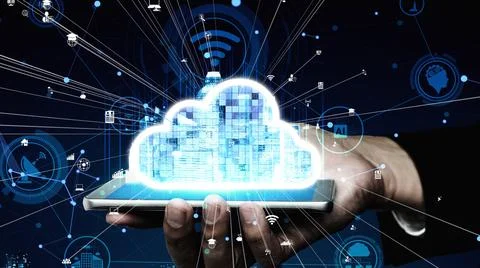 Conceptual cloud computing and data storage technology for future innovation Stock Photos