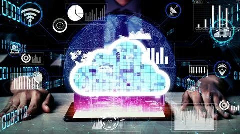 Conceptual cloud computing and data storage technology for future innovation Stock Photos