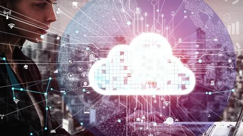 Conceptual cloud computing and data storage technology for future innovation Foto stock