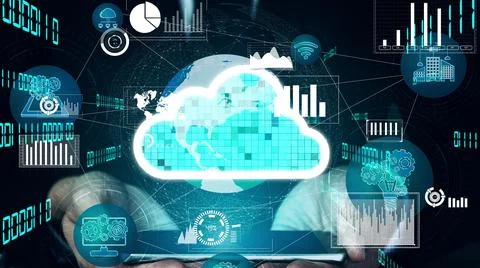 Conceptual cloud computing and data storage technology for future innovation Stock Photos