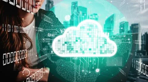 Conceptual cloud computing and data storage technology for future innovation Foto stock