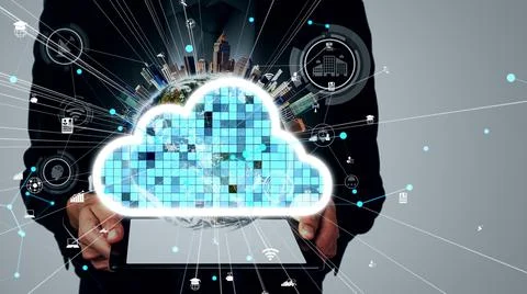 Conceptual cloud computing and data storage technology for future innovation Stock Photos