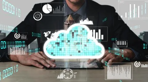 Conceptual cloud computing and data storage technology for future innovation Stock Photos