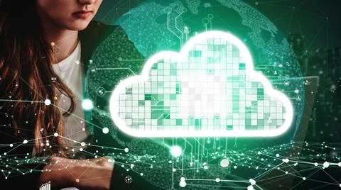 Conceptual cloud computing and data storage technology for future innovation Foto stock