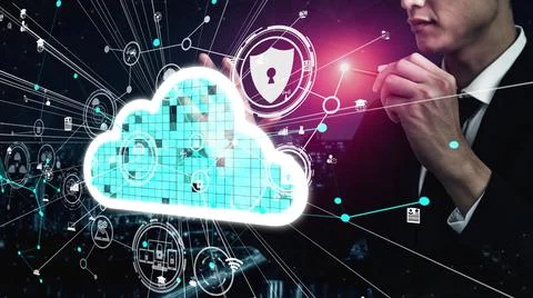 Conceptual cloud computing and data storage technology for future innovation Foto stock