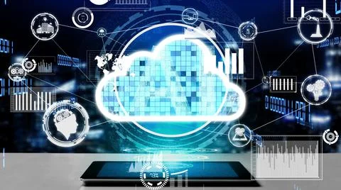 Conceptual cloud computing and data storage technology for future innovation Foto stock