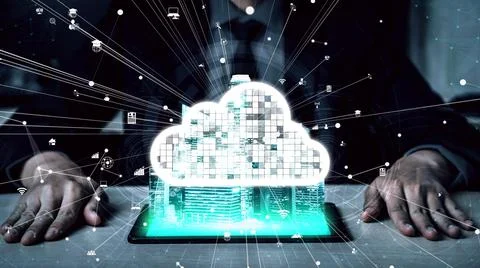 Conceptual cloud computing and data storage technology for future innovation Foto stock