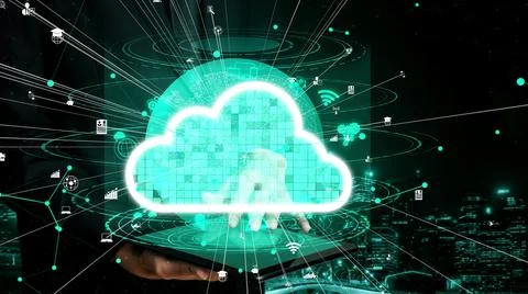 Conceptual cloud computing and data storage technology for future innovation Stock Photos