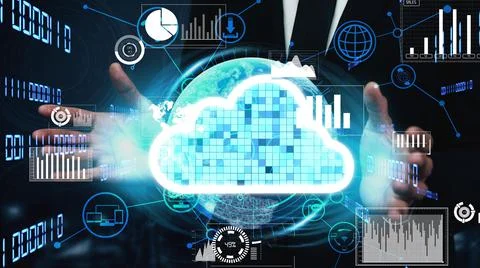Conceptual cloud computing and data storage technology for future innovation Stock Photos