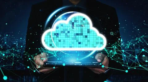 Conceptual cloud computing and data storage technology for future innovation Stock Photos