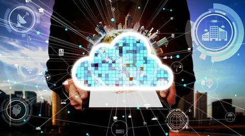 Conceptual cloud computing and data storage technology for future innovation Stockfoto's