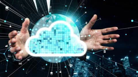 Conceptual cloud computing and data storage technology for future innovation Foto stock