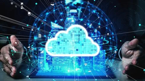 Conceptual cloud computing and data storage technology for future innovation Foto stock