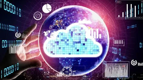 Conceptual cloud computing and data storage technology for future innovation Foto stock