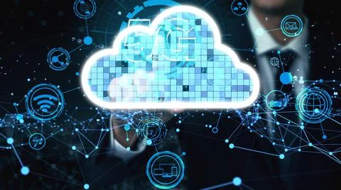 Conceptual cloud computing and data storage technology for future innovation Stockfoto's