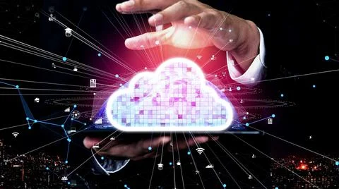 Conceptual cloud computing and data storage technology for future innovation Stock Photos