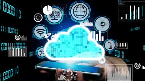 Conceptual cloud computing and data storage technology for future innovation Foto stock