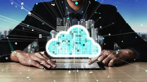 Conceptual cloud computing and data storage technology for future innovation Stock Photos