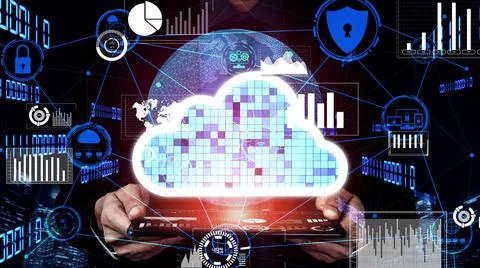 Conceptual cloud computing and data storage technology for future innovation Stock Photos