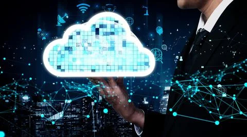 Conceptual cloud computing and data storage technology for future innovation Stock Photos