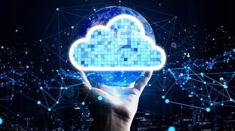 Conceptual cloud computing and data storage technology for future innovation Stock Photos