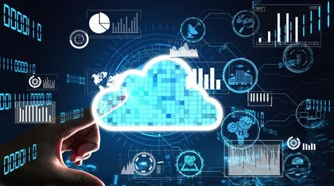 Conceptual cloud computing and data storage technology for future innovation Stockfoto's
