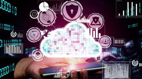 Conceptual cloud computing and data storage technology for future innovation Foto stock