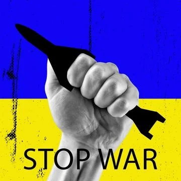 Conceptual collage with human hand squeezing a ballistic rocket isolated on Foto stock