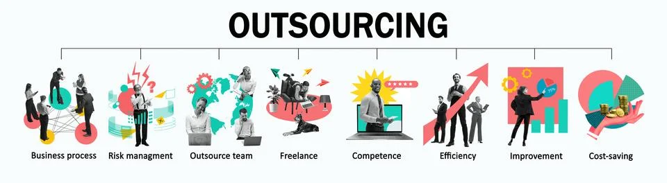 Conceptual collage. Outsourcing processes optimizing efficiency, risk management Stock Photos