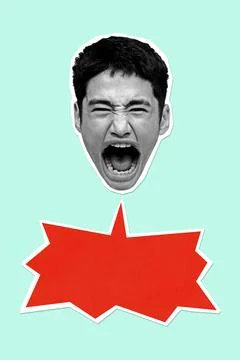 Conceptual collage. Shouting man with red spiky bubble against mint green Stock Photos