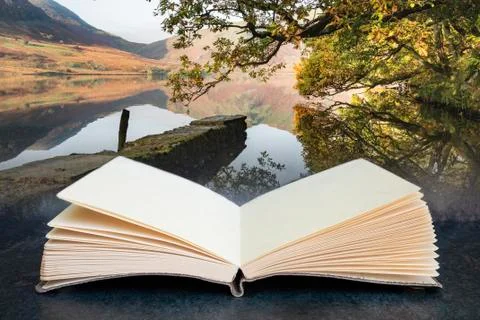 Conceptual composite open book image of Beautiful Autumn Fall landscape image Stock Photos