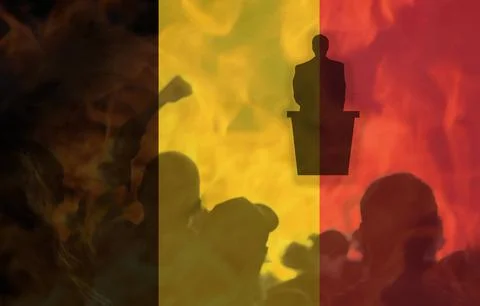 Conceptual composition with the Belgian flag overlaid with silhouettes of a.. 库存照片
