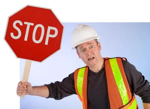 Conceptual construction worker asking to stop doing something Stock Photos