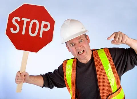Conceptual construction worker asking to stop doing something Stock Photos