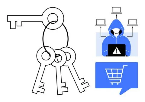 Conceptual cyber security illustration with keys, hacker in hood, connected.. Stock Illustration