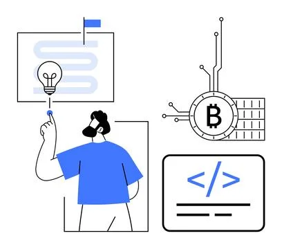 Conceptual Design Merging Blockchain, Coding, and Innovation Themes in a Mo.. Stockillustratie