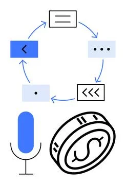 Conceptual Diagram of Workflow Cycle with Microphone and Dollar Coin Elements 스톡 일러스트