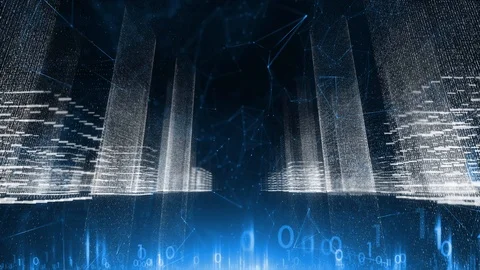 Conceptual digital cityscape with binary numbers Stock Footage 98885672